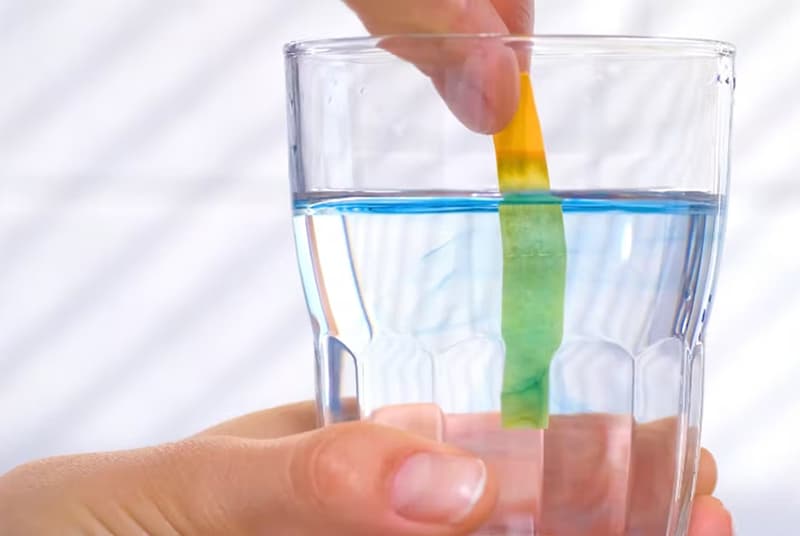 Nhúng một đầu giấy quỳ tím vào cốc nước uống để kiểm tra độ pH
