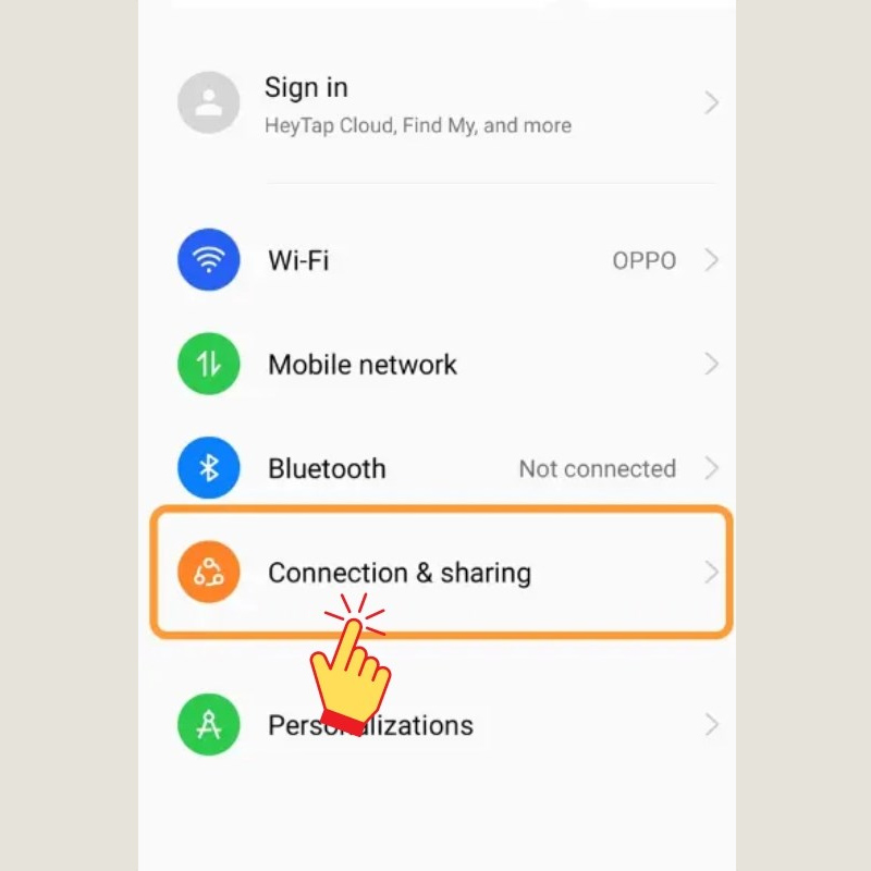 Chọn Kết nối và chia sẻ trên điện thoại OPPO