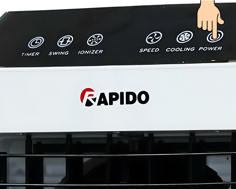 Nhấn nút Power để khởi động quạt điều hòa Rapido