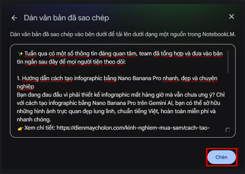 Copy và dán nguồn tài liệu, sau đó bạn chọn “Chèn”