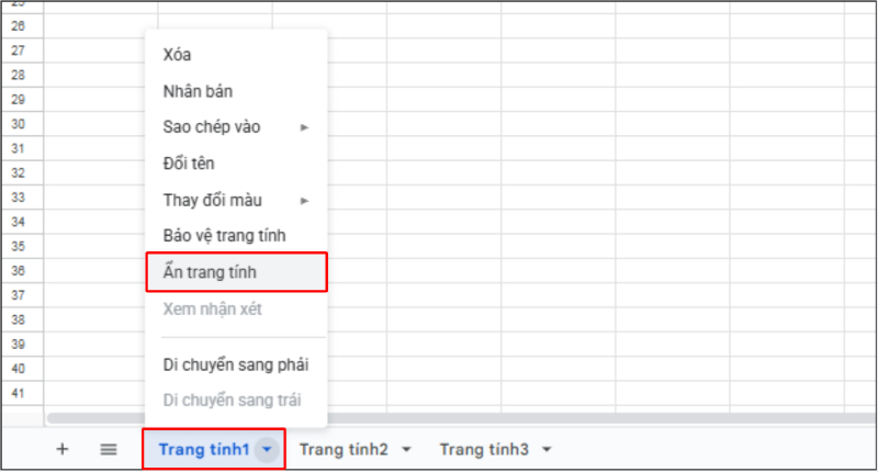 Nhấp chuột phải vào Trang tính1 và chọn Ẩn trang tính