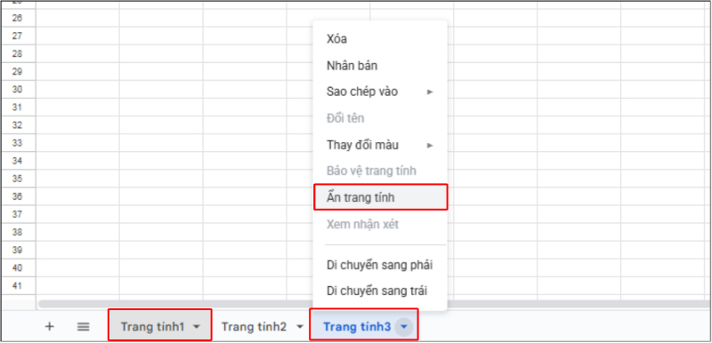 Ẩn Trang tính3 và Trang tính1 bằng menu chuột phải trong Google Sheets