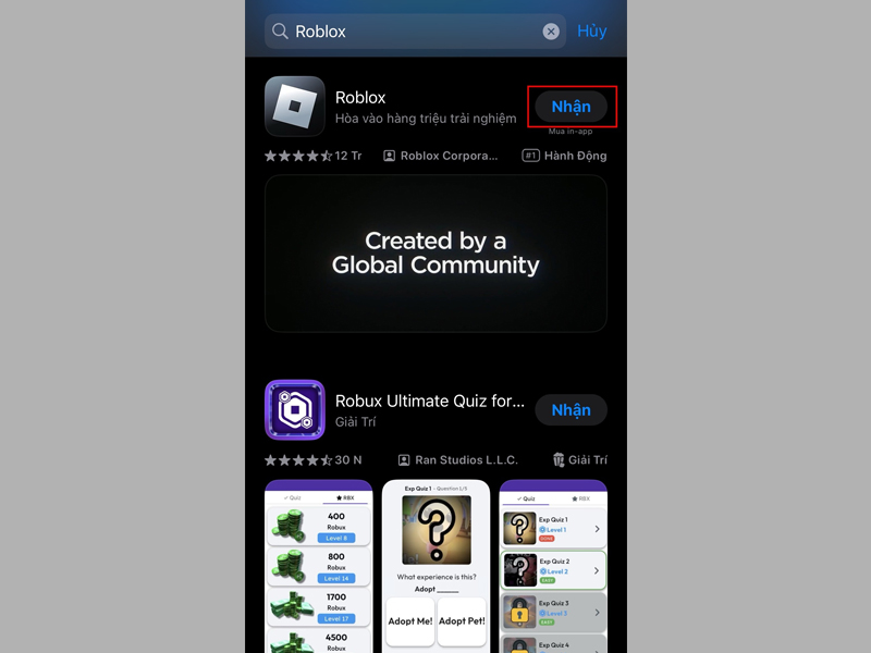 Bấm vào nút Nhận để bắt đầu tải trò chơi Roblox về iPhone 