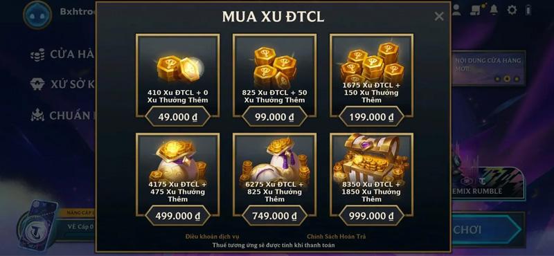 Các gói mua xu của Đấu trường chân lý Mobile