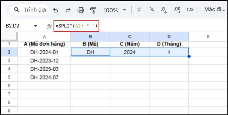 Dùng hàm SPLIT tách mã đơn hàng thành mã, năm và tháng