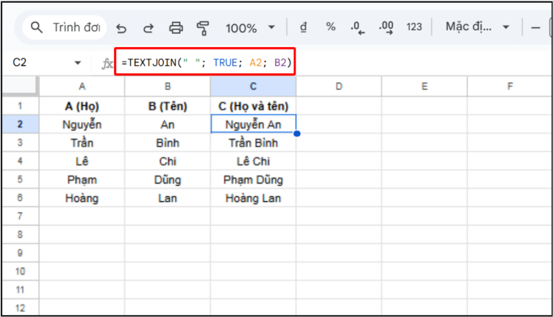 Dùng hàm TEXTJOIN để ghép họ và tên từ nhiều cột