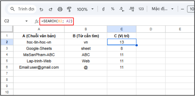 Hàm SEARCH tìm vị trí chuỗi con trong văn bản