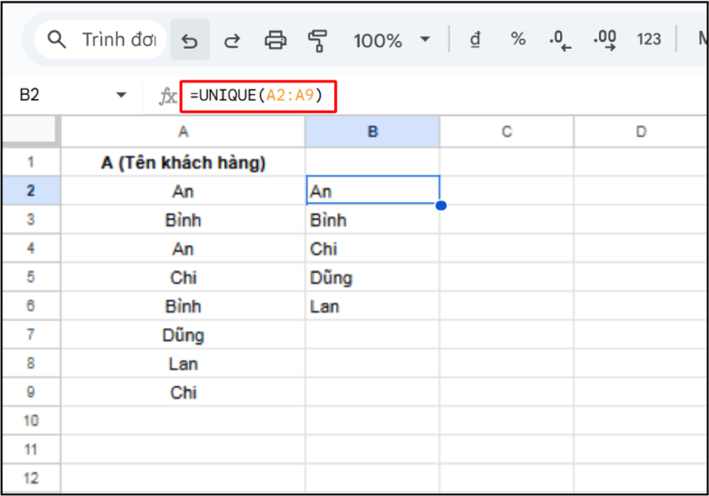 Hàm UNIQUE lọc danh sách giá trị không trùng nhau