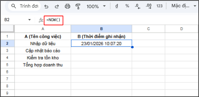 Hàm NOW trả về ngày giờ hiện tại trong Google Sheets