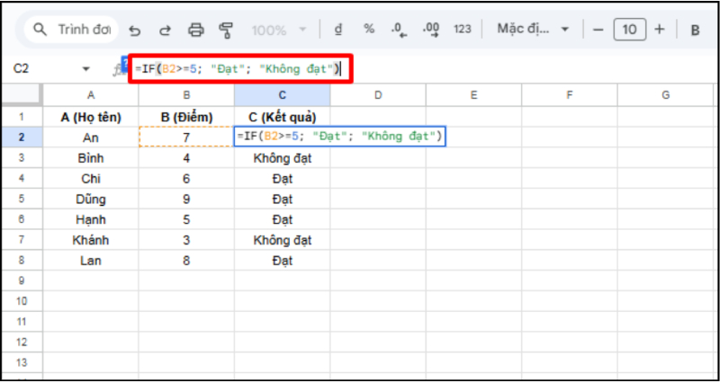 Hàm IF phân loại kết quả đạt và không đạt theo điểm số