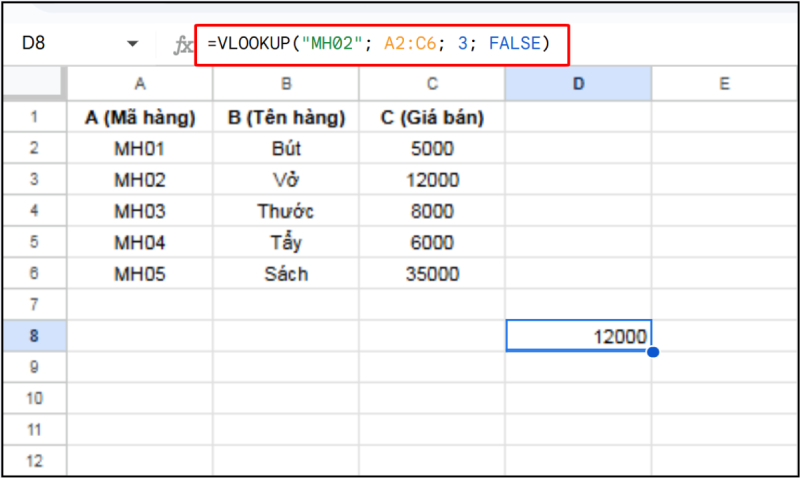 Ví dụ hàm VLOOKUP tra cứu giá bán theo mã hàn
