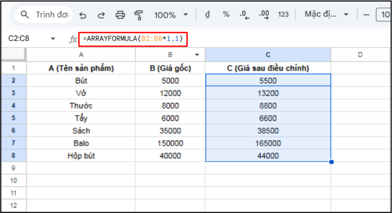 Sử dụng ARRAYFORMULA để tính giá sau điều chỉnh cho nhiều dòng