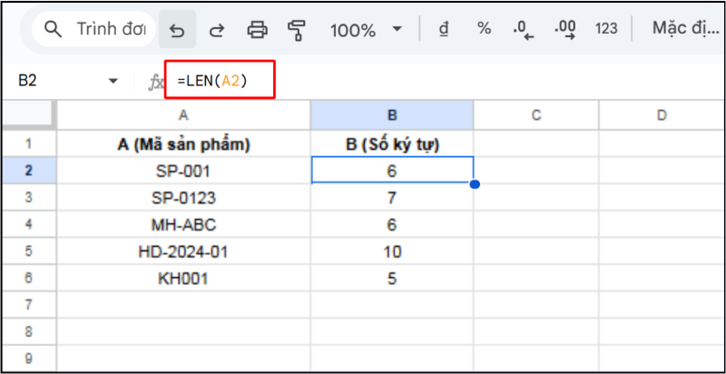 Hàm LEN đếm số ký tự của mã sản phẩm