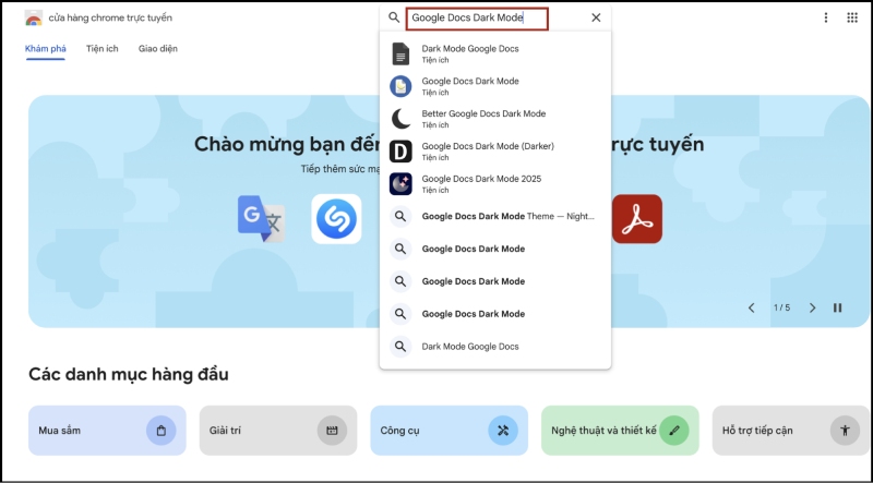 Nhập từ khóa “Google Docs Dark Mode” vào thanh tìm kiếm