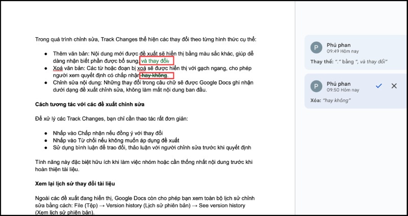 Track Changes thể hiện các thay đổi theo từng hình thức