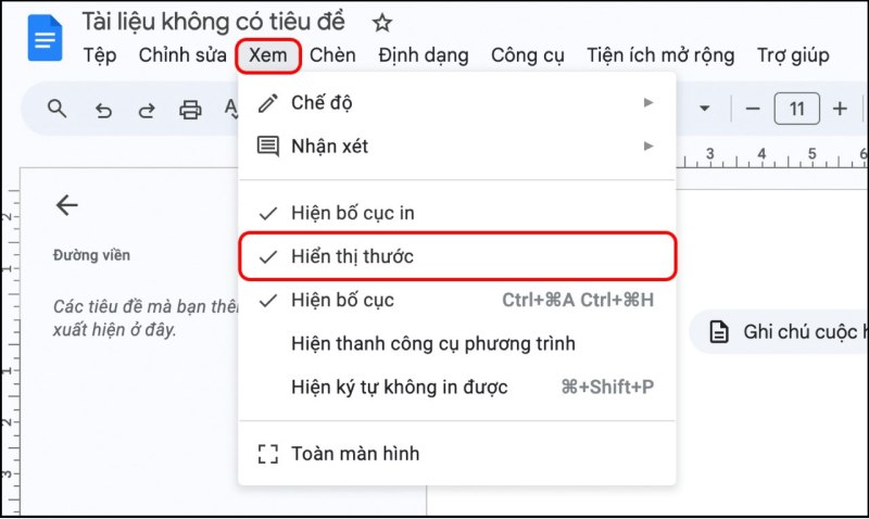 Bật Hiển thị thước để hiển thị thanh thước căn lề