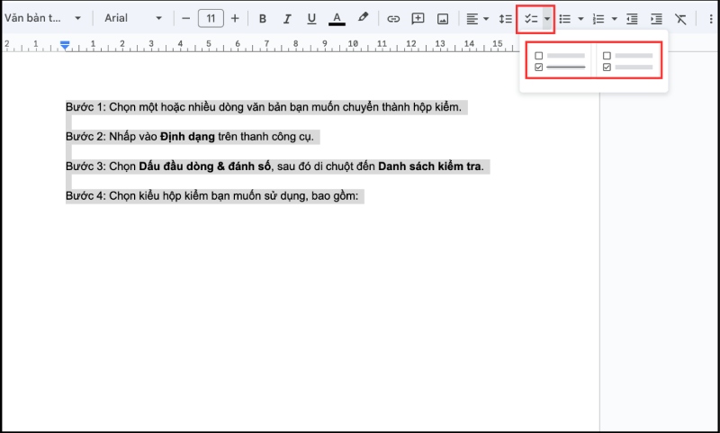 Chèn checkbox trong Google Docs từ thanh công cụ