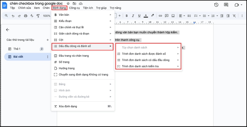Thao tác chèn checkbox trong Google Docs từ menu Format 