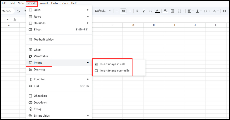 Mở Google Sheets và chọn Insert (chèn)