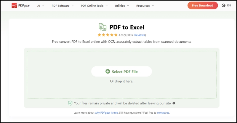 Giao diện website chuyển đổi PDF sang Excel