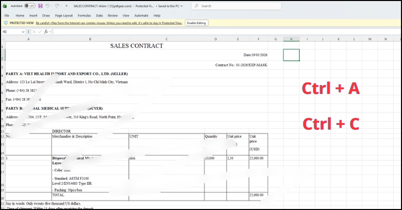 nhấn tổ hợp phím Ctrl + A để chọn toàn bộ dữ liệu và nhấn Ctrl + C sao chép