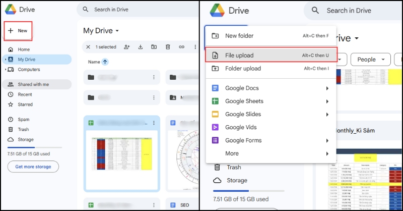 Mở Google Drive và tải file PDF muốn chèn bằng cách chọn nút lệnh New