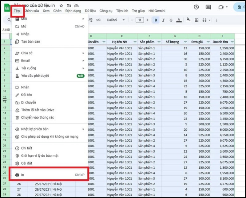 Mở giao diện in và chọn “Ô đã chọn”