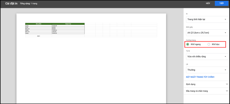 Thiết lập hướng trang Dọc hoặc Ngang