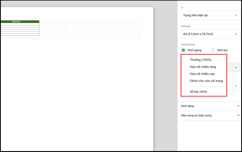 Tùy chỉnh tỷ lệ in trong Google Sheets