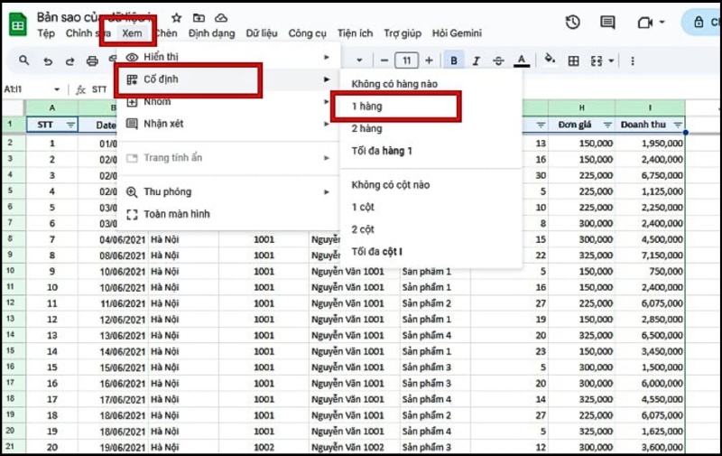 Thao tác cố định dòng để lặp dòng tiêu đề
