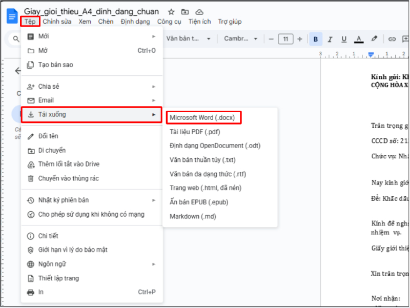 Tải file Google Docs xuống định dạng Word