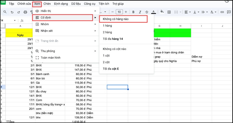 Thao tác hủy cố định hàng trong Google Sheets