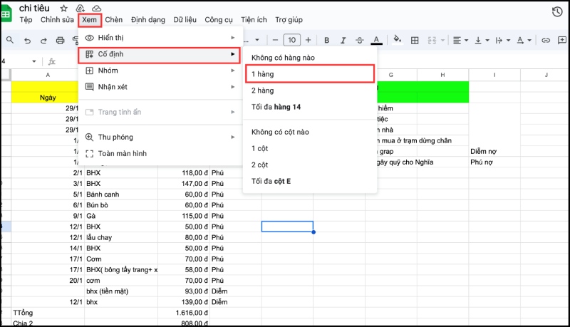 Thao tác cố định 1 hàng trong Google Sheets