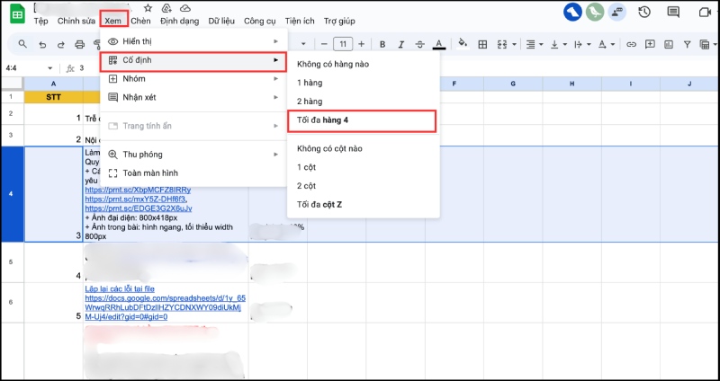 Thao tác hủy cố định hàng trong Google Sheets