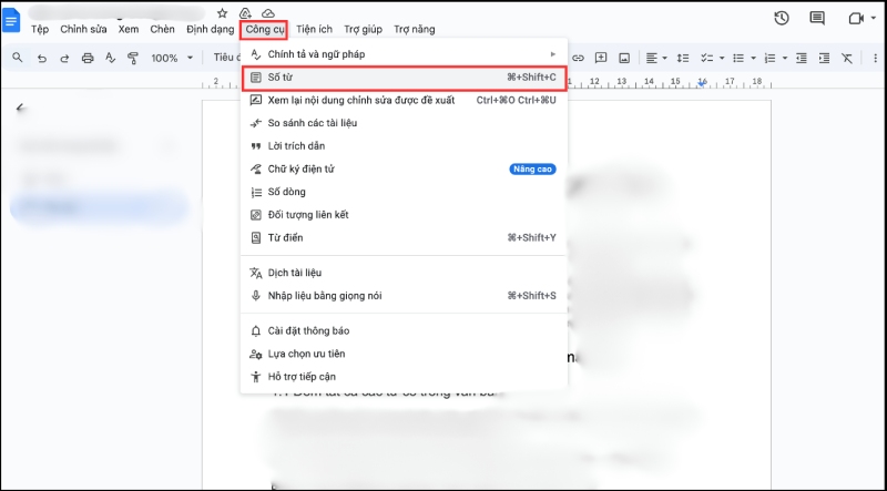 Vào Công cụ trên thanh menu và chọn Số từ