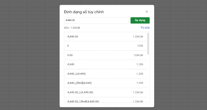 Hộp thoại định dạng số tùy chỉnh trong Google Sheets