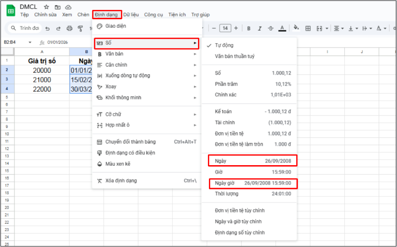 Chuyển định dạng ngày và ngày giờ trong Google Sheets