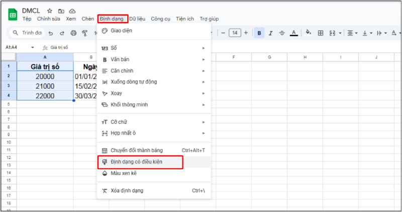 Mở tính năng định dạng có điều kiện trong Google Sheets