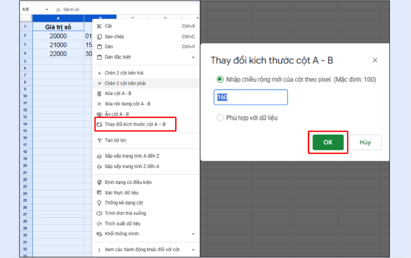 Thay đổi kích thước cột trong Google Sheets