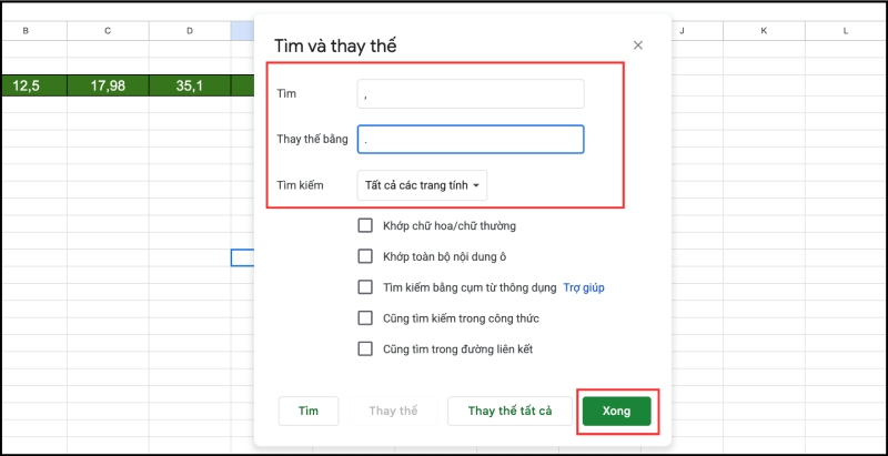Tiến hành thay thế toàn bộ dấu phẩy thành dấu chấm trong Google Sheets