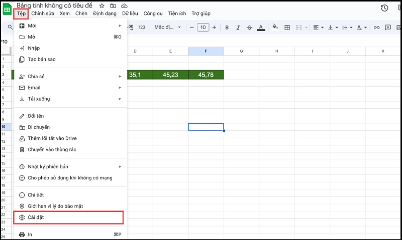 Thao tác truy cập mục cài đặt trong Google Sheets