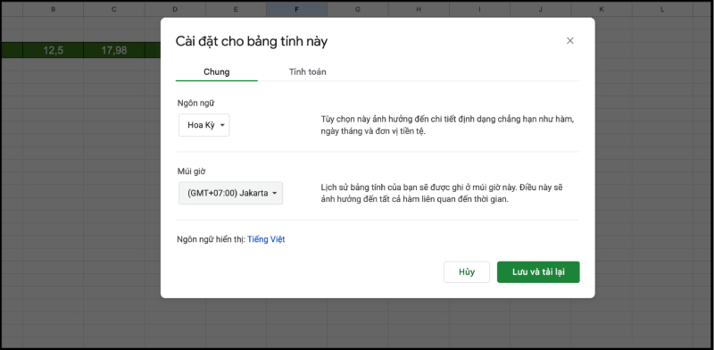 Giao diện hộp thoại cài đặt bảng tính