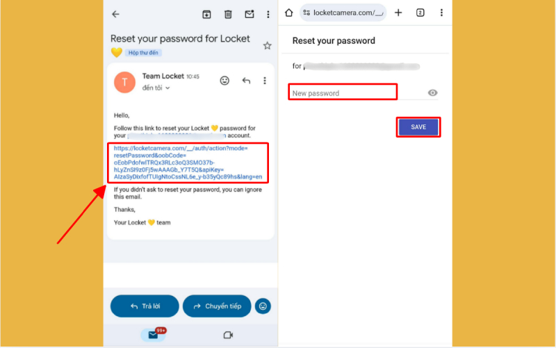 Giao diện Locket thông báo đã gửi email đặt lại mật khẩu cho người dùng