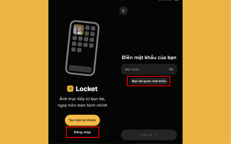 Đăng nhập và chọn quên mật khẩu trên điện thoại Android