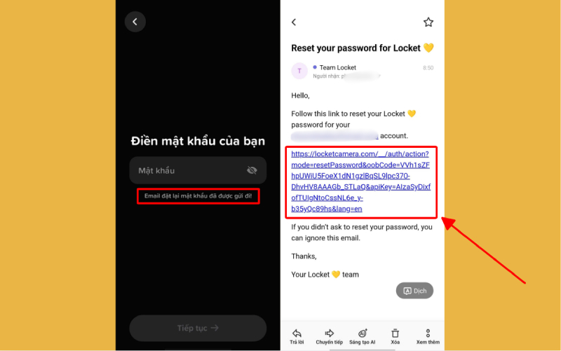 Mở email và nhấn vào link để đặt lại mật khẩu