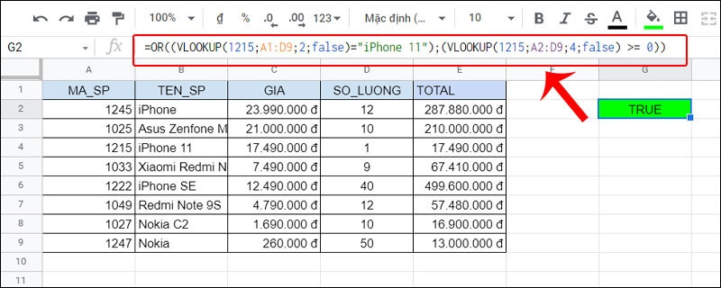 Hàm VLOOKUP kết hợp hàm OR