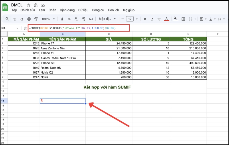 Hàm SUMIF kết hợp hàm VLOOKUP