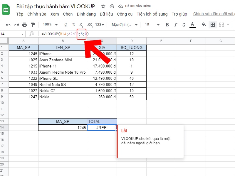 Lỗi #REF khi dùng hàm VLOOKUP