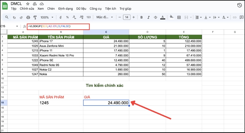 Sử dụng VLOOKUP để tra giá sản phẩm