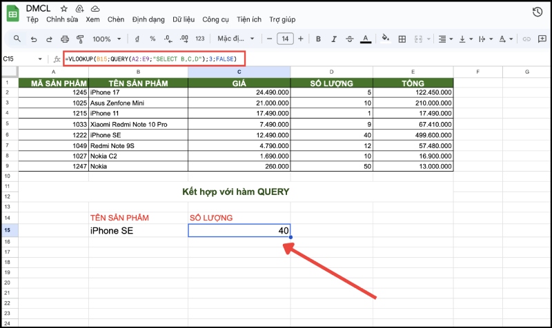 Kết hợp hàm VLOOKUP và hàm QUERY